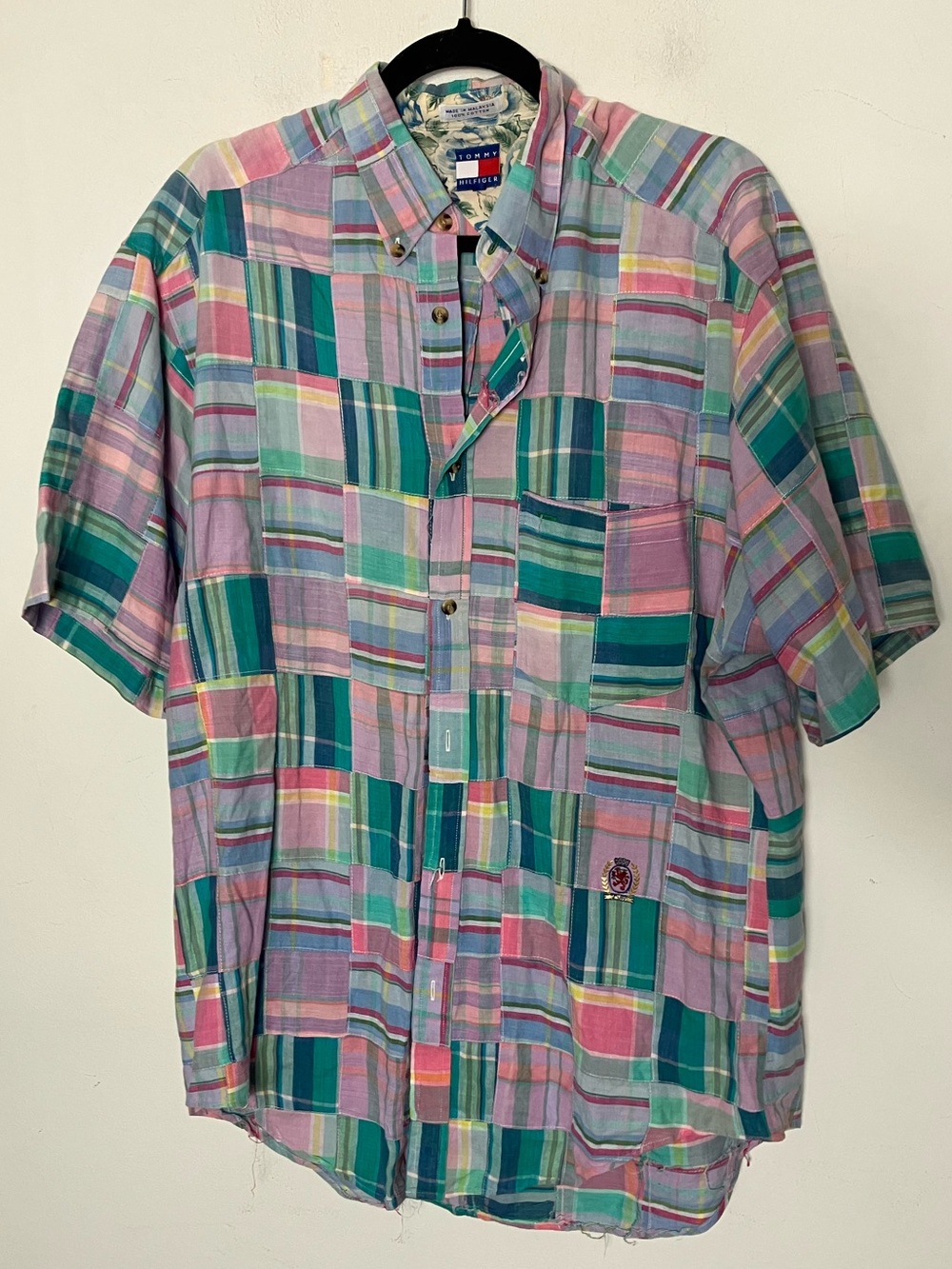 Vintage 90s Tommy Hilfiger Short Sleeve Madras Patchwork Shirt Medium
